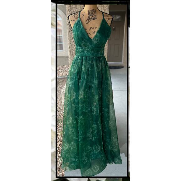 Lulus Romance That Wows Dark Green Floral Print Organza Maxi Dress Size S - Picture 2 of 14